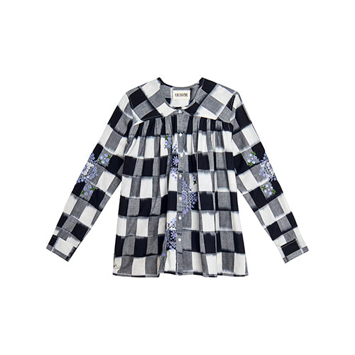 Inji Ikat Embroidered Indigo Tie and Dye Checkered Blouse 
