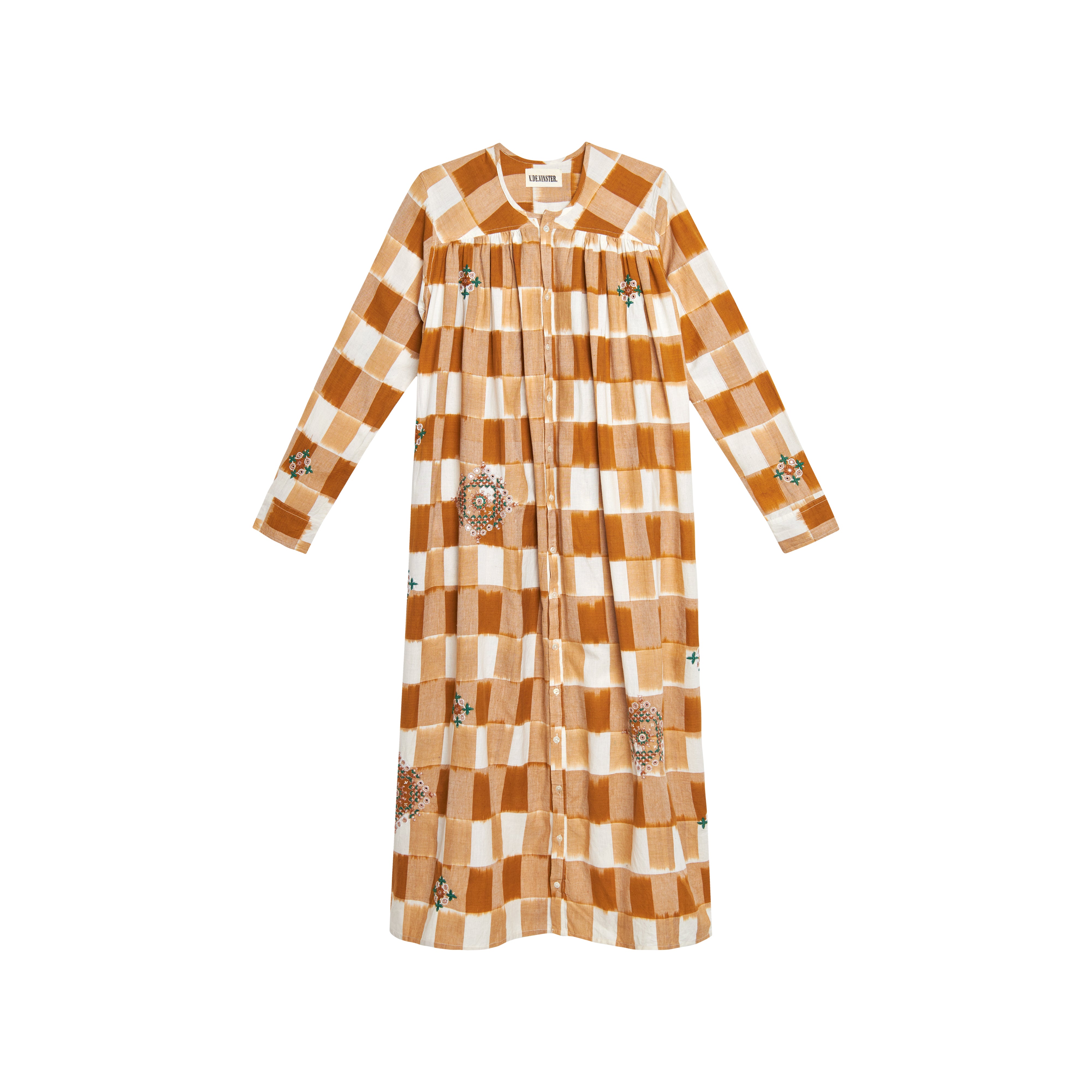 Inji Ikat Long Beige Tie and Dye Checkered Embroidered Dress
