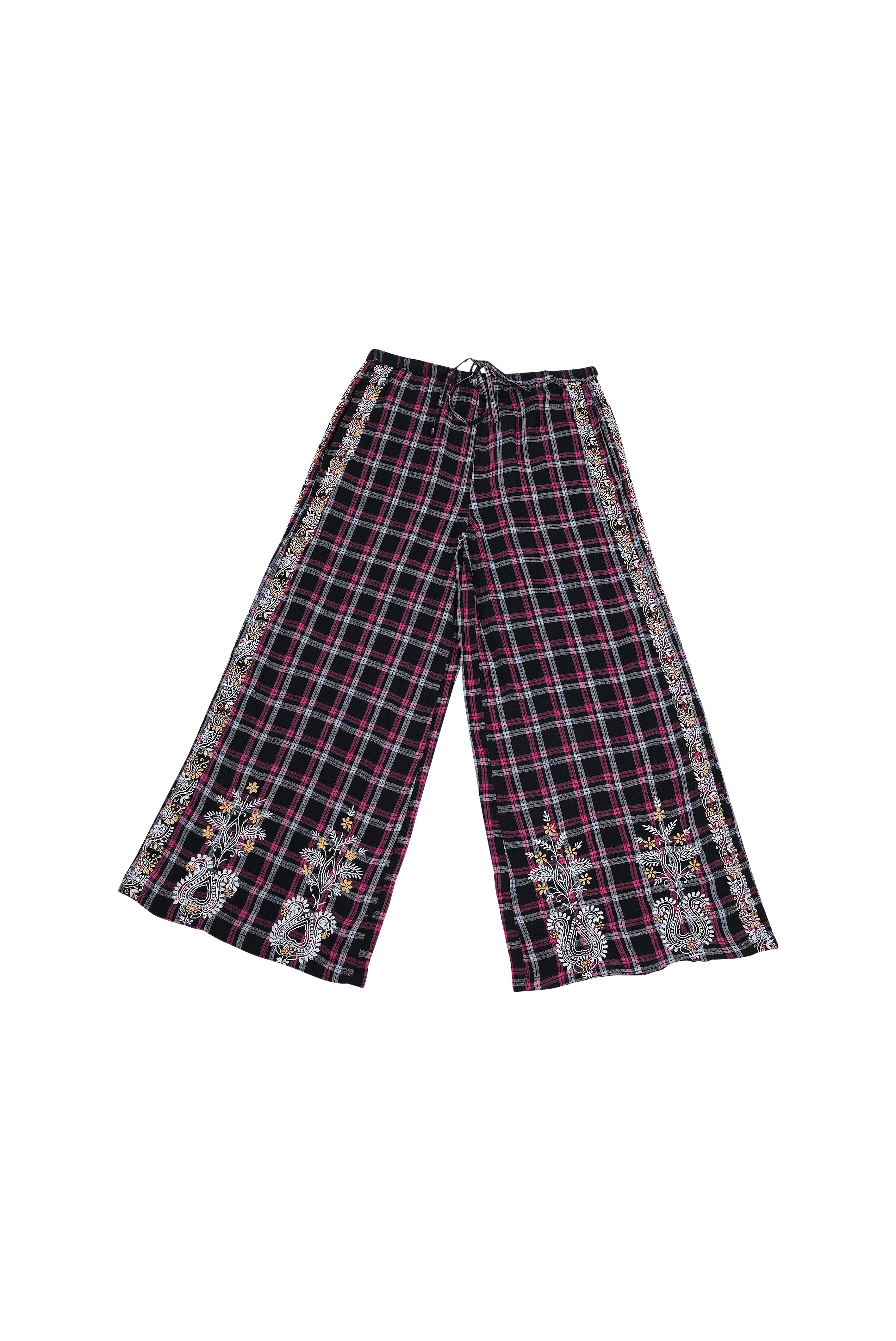 Surprise Embroidered Black and Pink Tartan Pants