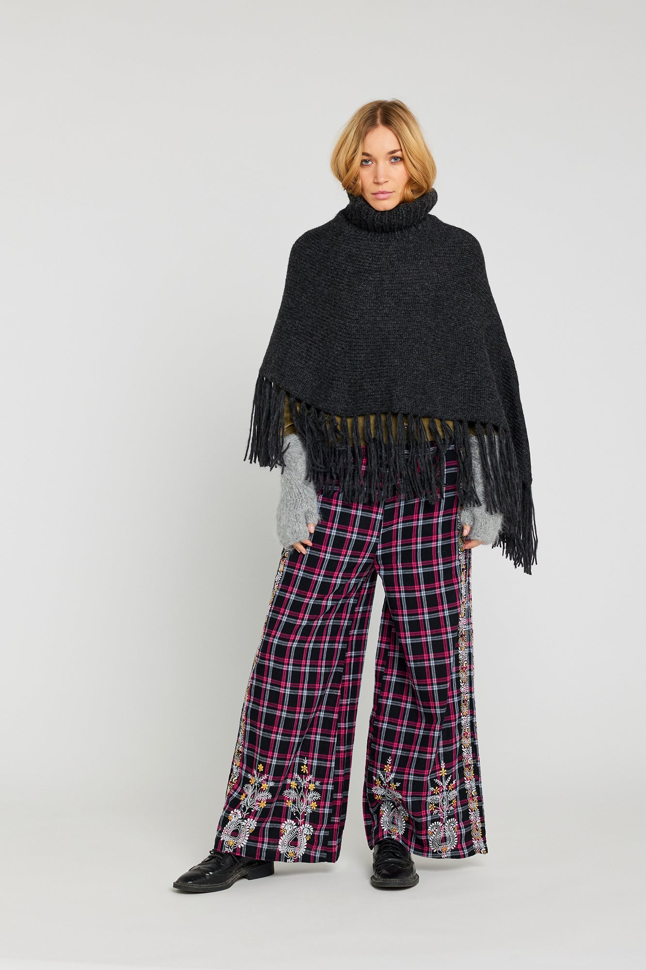 Surprise Embroidered Black and Pink Tartan Pants