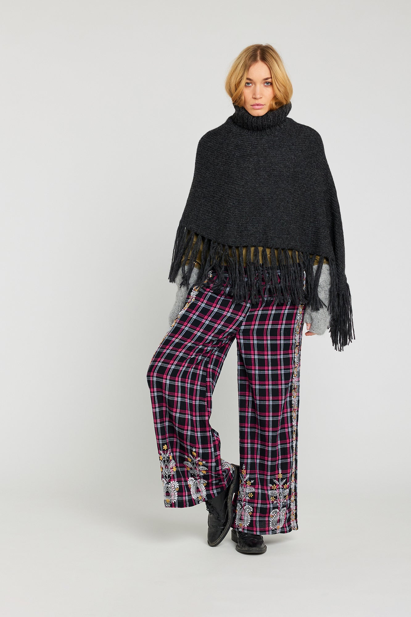 Surprise Embroidered Black and Pink Tartan Pants