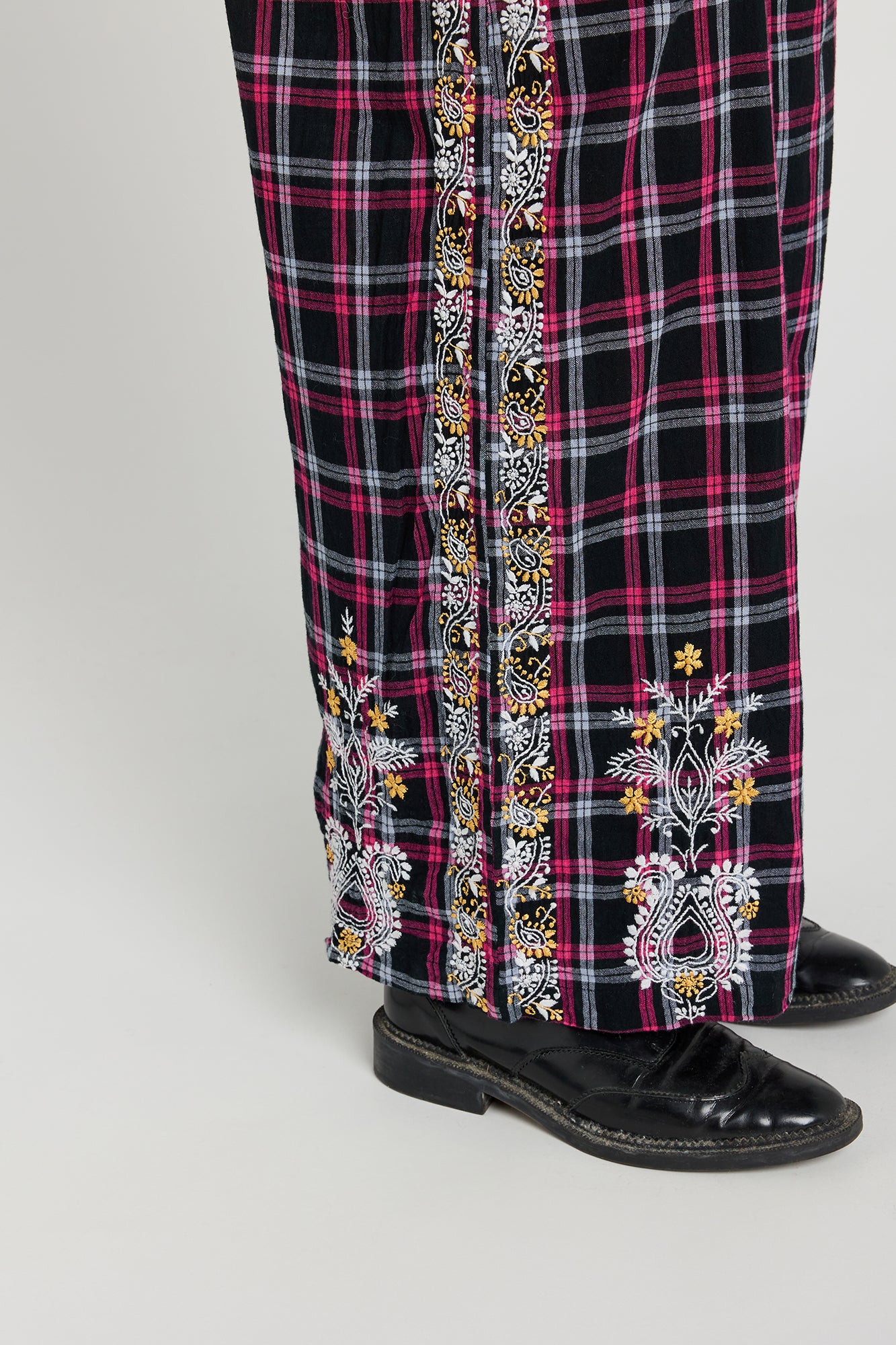 Surprise Embroidered Black and Pink Tartan Pants