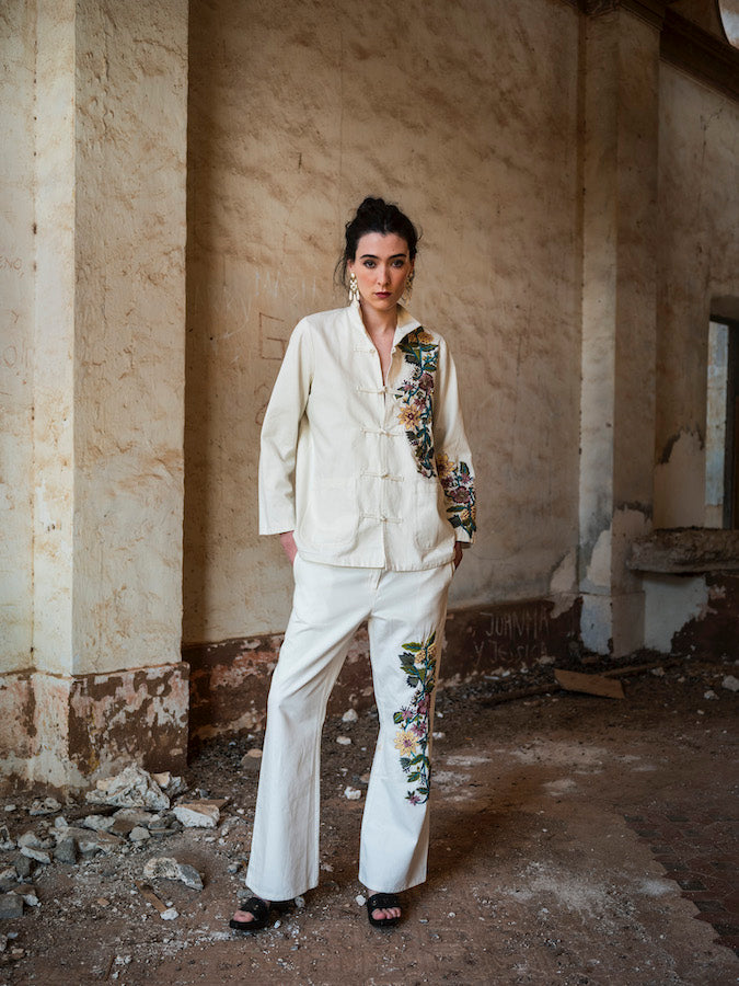 Bombay Embroidered White Cotton Canvas Jacket