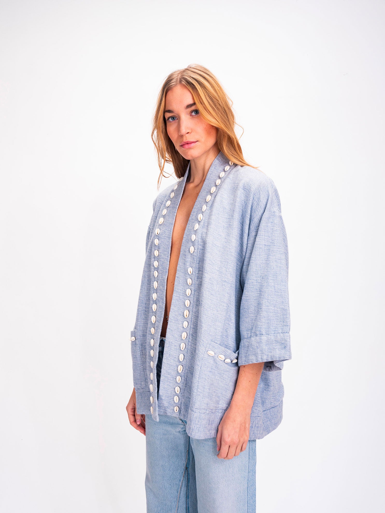 Sky Blue Cotton Jacket with Cowrie Shells