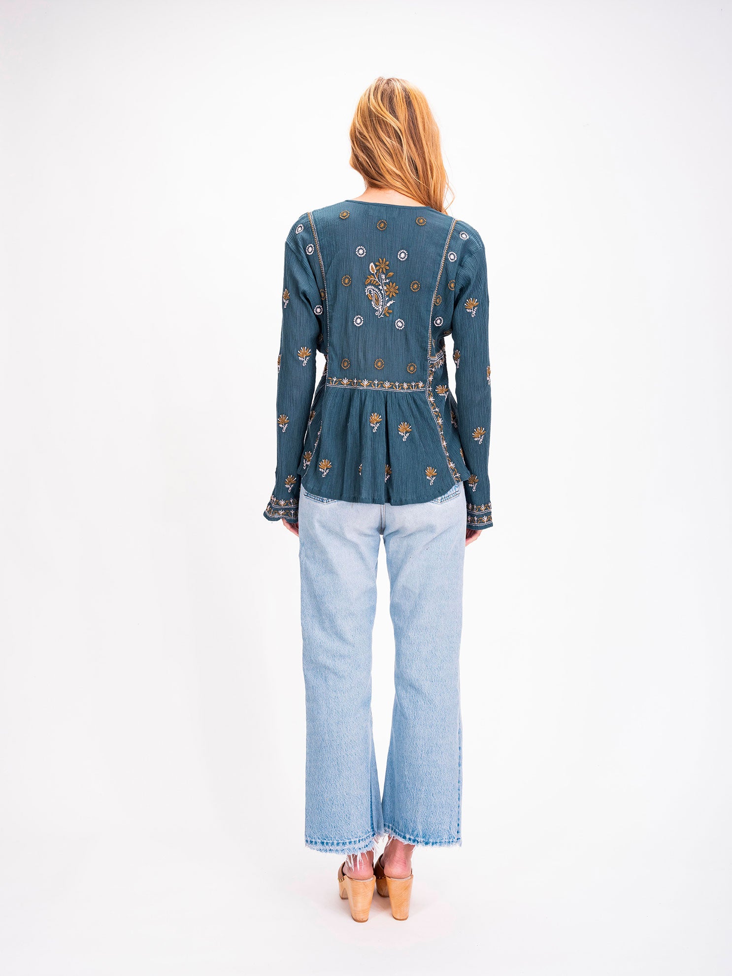 Chic duck blue embroidered blouse Ibiza 