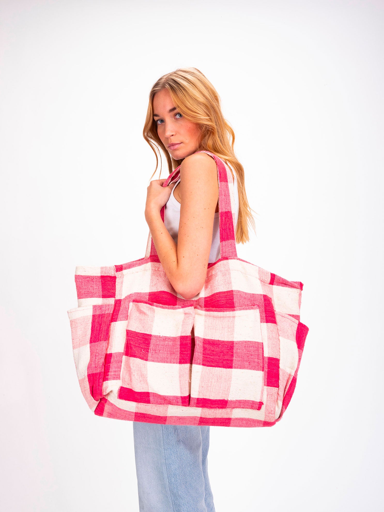 Pantai Pink Checkered Cotton Tote Bag