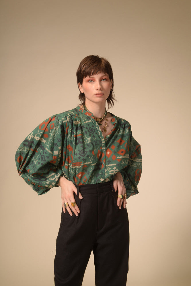 African green cotton printed blouse