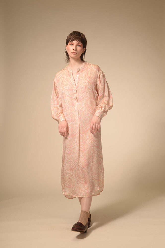 Robe longue soie pashmina rose Paisley