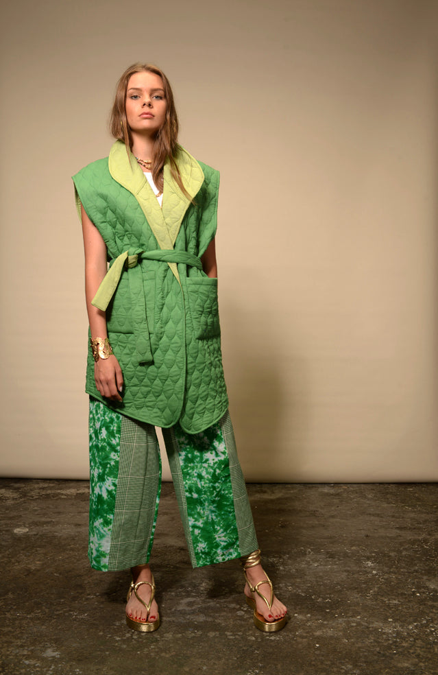 Nilai green quilted sleeveless kimono