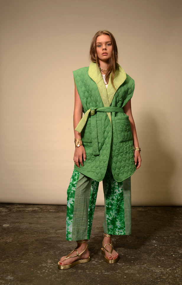 Nilai green quilted sleeveless kimono