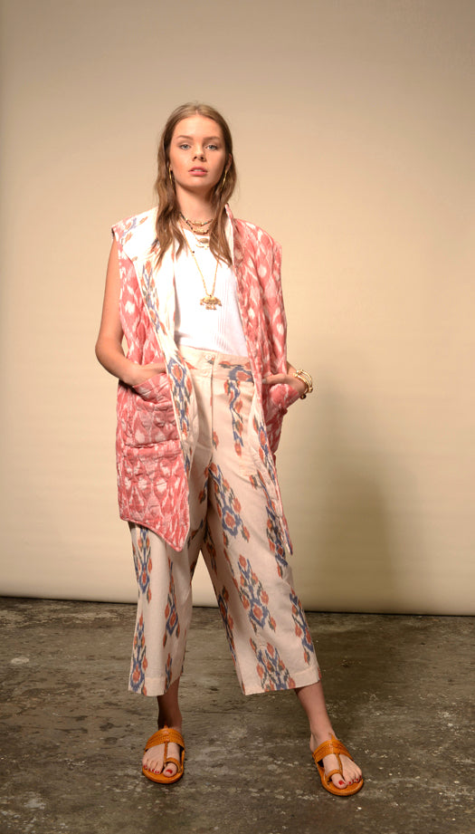 Cream pink reversible sleeveless kimono Ikat
