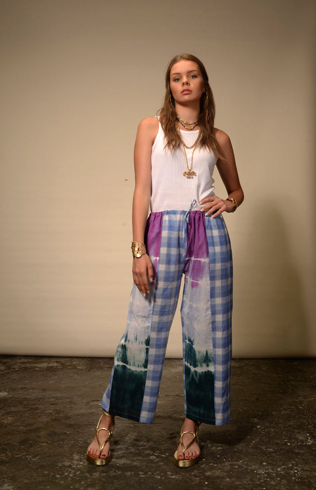 Blue Tie and Dye Check Trousers
