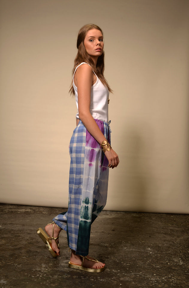 Blue Tie and Dye Check Trousers