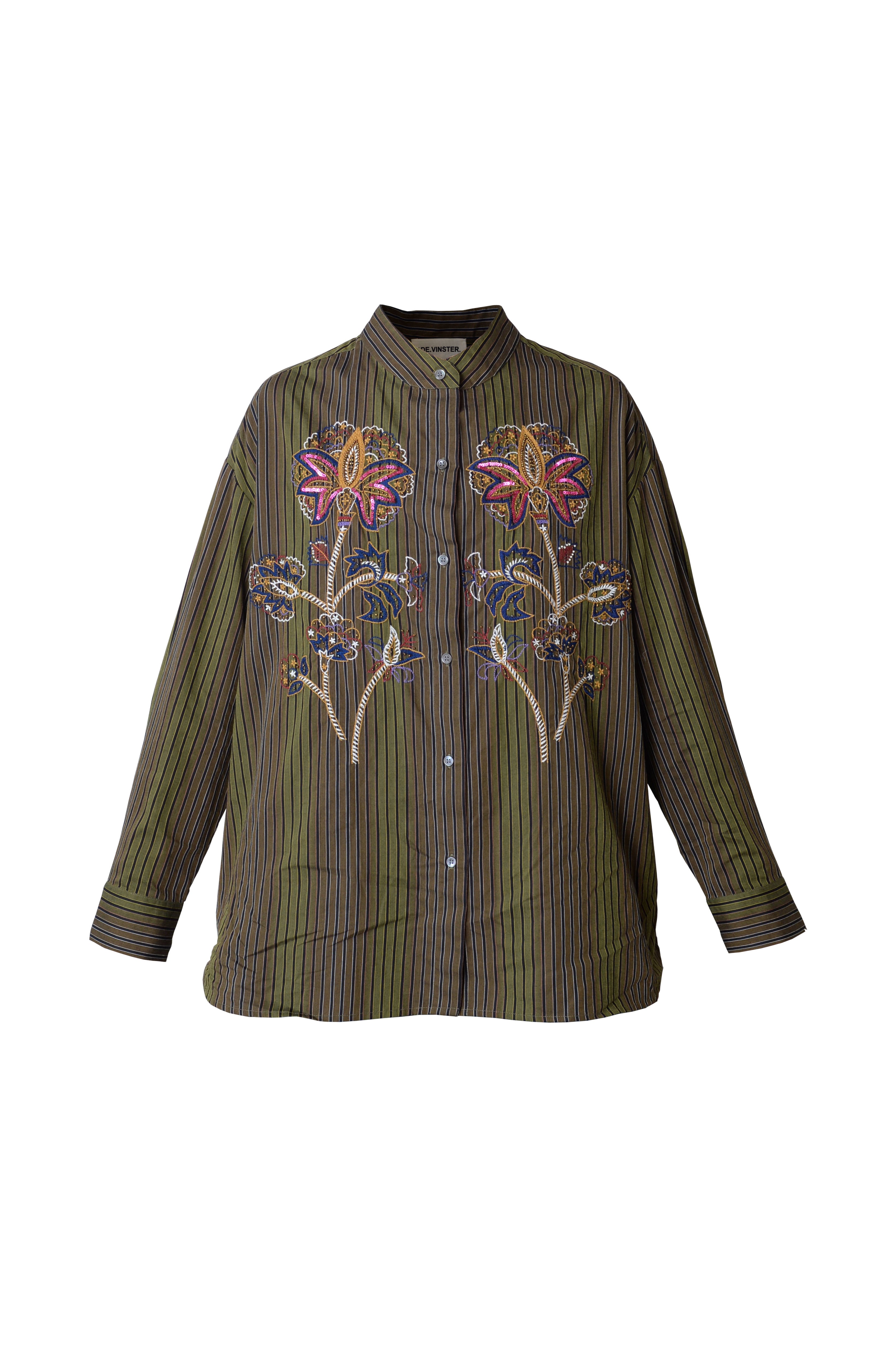 Billie khaki striped blouse with embroidered flowers