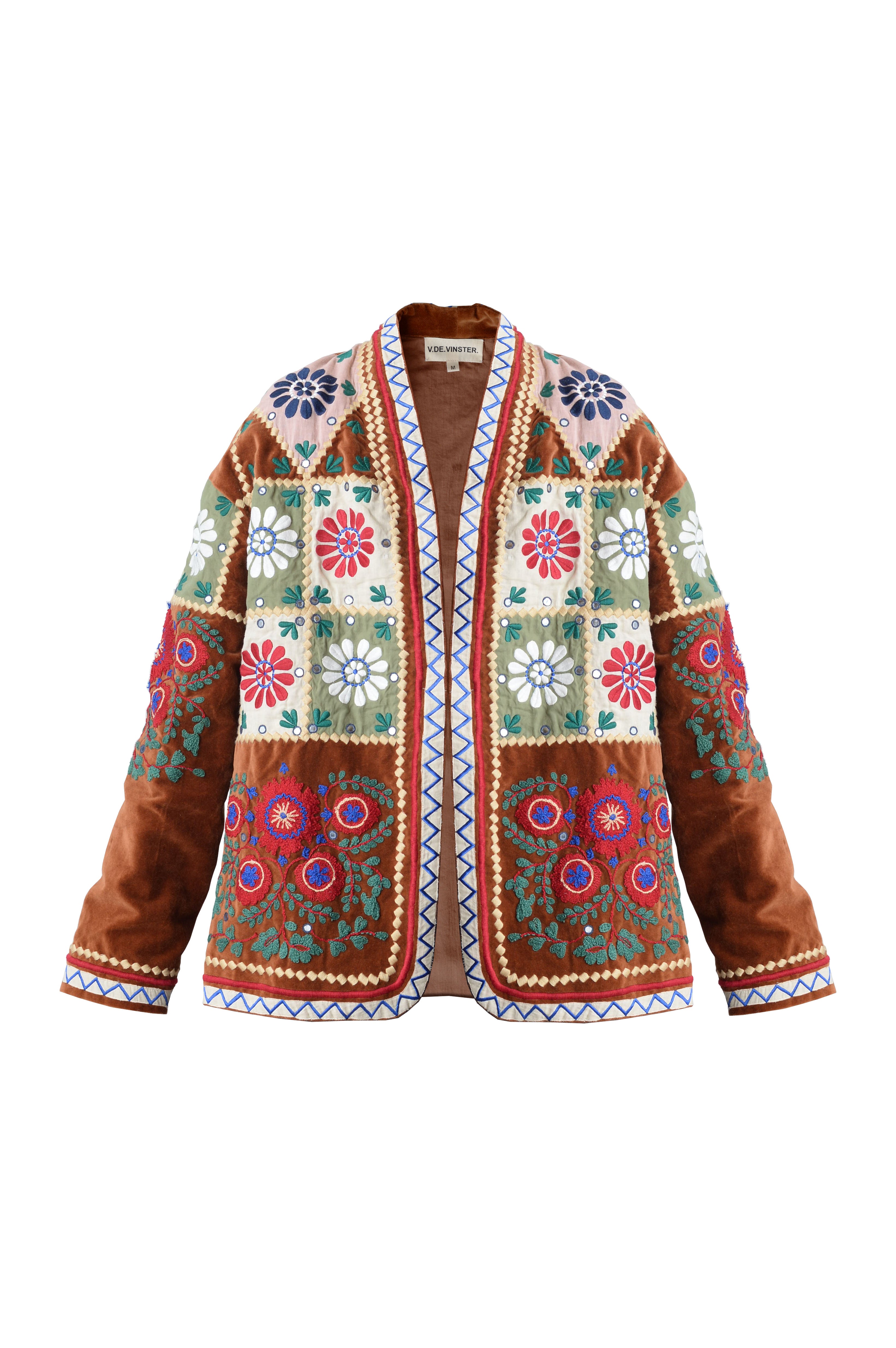 Tobacco velvet embroidered patchwork coat