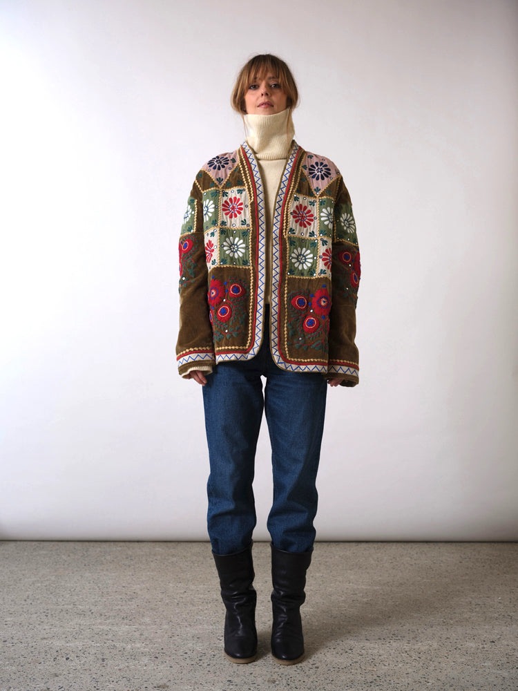 Khaki velvet embroidered patchwork coat